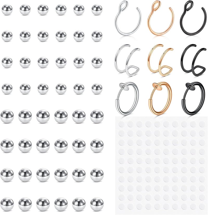 JFORYOU Fake Eyebrow Ring Fake Lip Labret Studs Replacement Balls Spike with 100pcs Sticker Non-Piercing Body Jewelry Fake Skin Piercing - Image 1